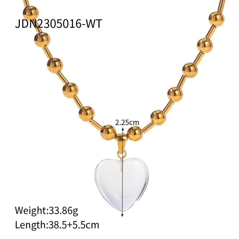 Wholesale Titanium Steel Round Bead Transparent Heart Pendant Necklace